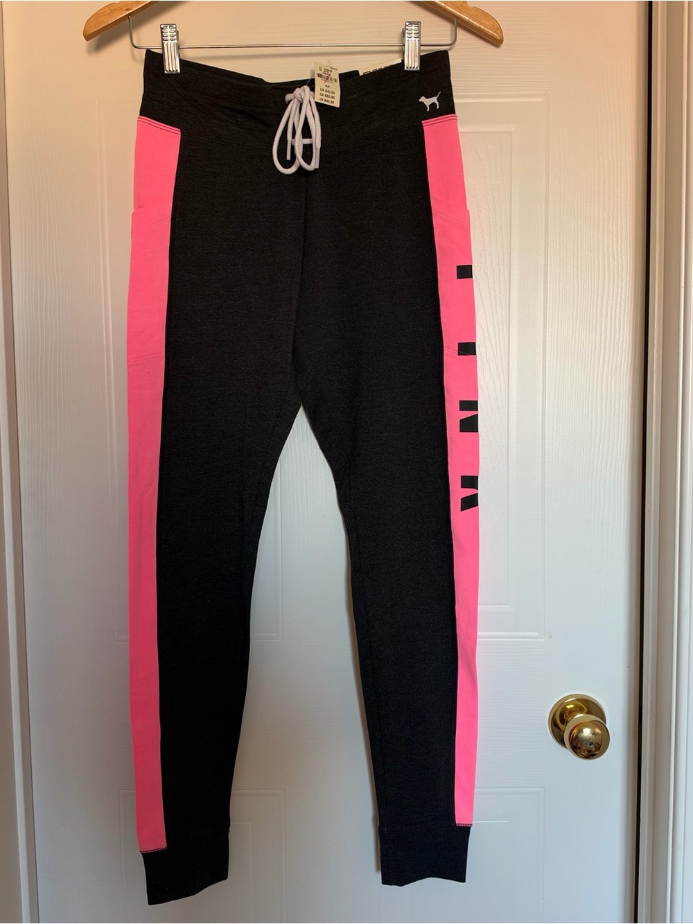 BNWT- PINK Victoria's Secret Black & Hot Pink Side Stripe Leggings